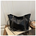 Minimalist black tote bag with gold chain straps and suede-like finish for women - No Pendant / Black / Large