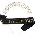 Gold rhinestone Happy Birthday headband with matching black and gold satin sash set - Gold Text On Black Sash