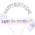 Silver 10th birthday tiara with rhinestones and white satin sash with rose gold lettering - White 10th