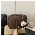 Minimalist dark brown PU leather Boston bag with a white plush cloud charm accessory - Coffee (With Cloud Pendant)