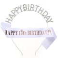 13th Birthday set with silver rhinestone headband and white rose gold satin sash - White 13th
