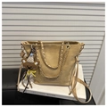 Chic khaki suede tote bag with chain strap and cute bear pendant for casual wear - With Pendant / Dune Beige / Small
