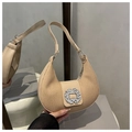 Elegant apricot half-moon bag with pleated texture and sparkling rhinestone buckle - Khaki