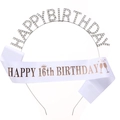 Silver rhinestone Happy Birthday headband and white 16th birthday satin sash set - White 16th