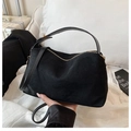 Vintage matte black faux suede tote bag with gold zipper and adjustable shoulder strap - Black