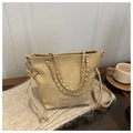 Minimalist khaki faux suede drawstring bucket bag with gold chain and leather strap - No Pendant / Dune Beige / Small