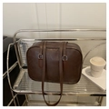 Minimalist dark brown retro faux leather Boston handbag with silver hardware and strap - Brown