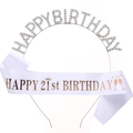 Silver rhinestone Happy Birthday headband with white 21st Birthday satin sash set - White 21st