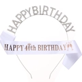 Rose gold 40th birthday set with rhinestone headband and white satin sash decor - White 40th