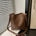 Minimalist brown PU leather tote bag with gold rivet details and long shoulder strap - Brown