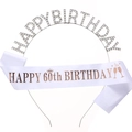 Glittering Happy Birthday rhinestone headband with 60th birthday white satin sash set - White 60th