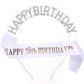 Silver rhinestone Happy Birthday headband and 70th Birthday white satin sash set - White 70th