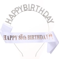White 80th birthday sash and silver rhinestone happy birthday tiara set for women - White 80th