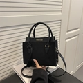 Minimalist black faux suede tote bag with Fashion & Bags gold lettering and shoulder strap - Black