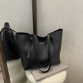 Minimalist black faux leather tote bag with shoulder straps and fashion leather label - Black