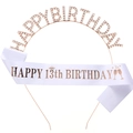 Rose gold 13th birthday set with crystal headband and white satin sash with foil print - Rose Gold 13th