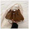 Brown synthetic leather bucket bag with metallic studs and drawstring closure - Brown