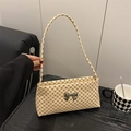 Vintage patterned tote bag with beige base and reddish-brown geometric circles and bow buckle - Monogram Beige