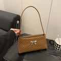 Vintage brown leather tote bag with geometric logo pattern and silver bow charm - Brown Monogram