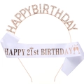 Rose gold 21st birthday set with rhinestone headband and satin sash for celebration - Rose Gold 21st