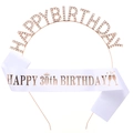 Rose gold Happy Birthday rhinestone headband and white 30th birthday sash set - Rose Gold 30th