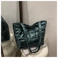 Deep green quilted tote bag with glossy metallic finish and large square embroidery - Green