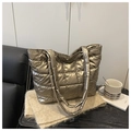 Champagne metallic quilted down tote bag with padded square pattern and shoulder straps - Gold