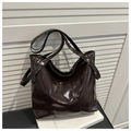 Dark brown high-gloss tote bag in vintage oil-wax leather finish with double straps - Coffee