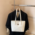 Minimalist white leather tote bag with silver metal plaque and dual shoulder straps - No Pendant / White
