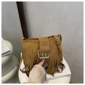 Detail of vintage brown suede crossbody bag with long tassels and silver buckle - Brown