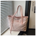 Detail of pink floral embroidered tote bag with Tidal Dryness leather handle and logo - Pink (No Pendant)