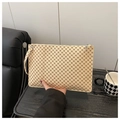 Chic beige envelope clutch bag with red geometric patterns and a silver metal zip handle - Monogram Khaki