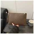 Brown geometric hexagon pattern clutch bag with wristlet and silver zipper closure - Vintage Monogram Coffee