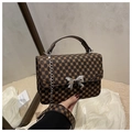 Detailed view of vintage crossbody bag with metal bow buckle and chain strap - Vintage Monogram Coffee