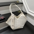 Beige tweed shopper met gouddraad, V-vormige top en lederen handvatten in herfstsfeer - Wit