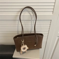 Brown leopard-style faux suede tote bag with plush charm and letter print for daily use - With Pendant / Brown