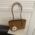 Brown leopard print tote bag with plush charm and gold logo for autumn daily commute - With Pendant / Brown