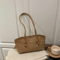 Minimalist brown suede shoulder tote bag with a golden fashion plaque and leather handle - Brown (Without Pendant)