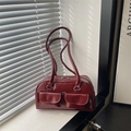Retro burgundy patent leather shoulder bag with dual front pockets and large capacity - Red
