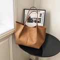 Large capacity camel suede tote bag with minimalist vertical stitching and slim handles - Brown