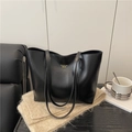 Minimalist black PU leather tote bag with gold lettering for daily commuting - Black