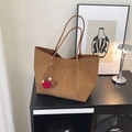 Vintage brown faux suede tote bag with decorative plush charm and slim shoulder straps - Brown with Pendant