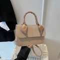 Elegant beige paneled handbag with checkered glitter texture and silk scarf handle - Khaki