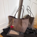 Large dark brown suede tote bag with decorative pom-pom charm for casual daily use - Brown with Pendant