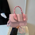 Pink patchwork handbag with scarf-wrapped handle and adjustable shoulder strap - Pink