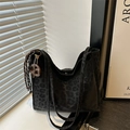 Large leopard print tote bag with soft suede texture and decorative brown round tag - With Pendant / Black