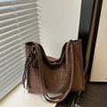 Dark brown leopard print tote bag with striped tassel detail for daily commuting - With Pendant / Brown