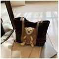 Large capacity leopard print tote bag with plush bear decoration and canvas shoulder straps - Black