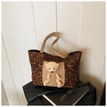 Leopard print tote bag featuring a cute 3D plush bear and beige shoulder straps - Brown