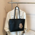 Large capacity black PU leather tote bag with a brown plush bear charm and dual straps - Black (With Charm)